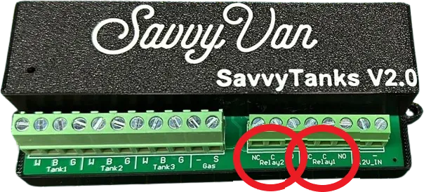 The SavvyTanks V2 module with its two relay terminal blocks circled