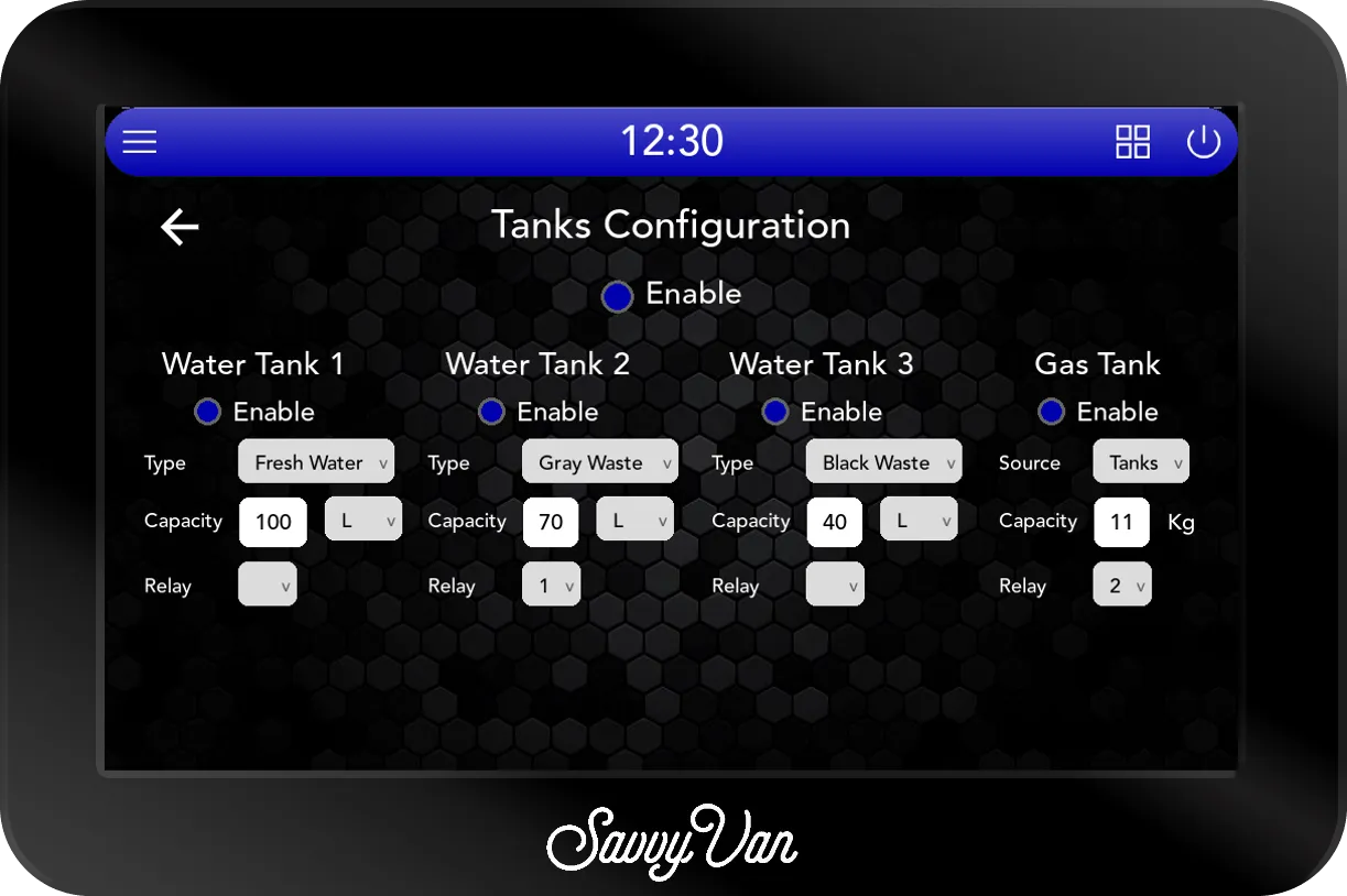 The SavvyVan3 Tanks Configuration screen with SavvyTanks enabled: Water Tanks 1 to 3 set to Fresh Water 100 L, Gray Waste 70 L on relay 1 and Black Waste 40 L, and a Gas Tank with its source set to Tanks, 11 Kg, on relay 2