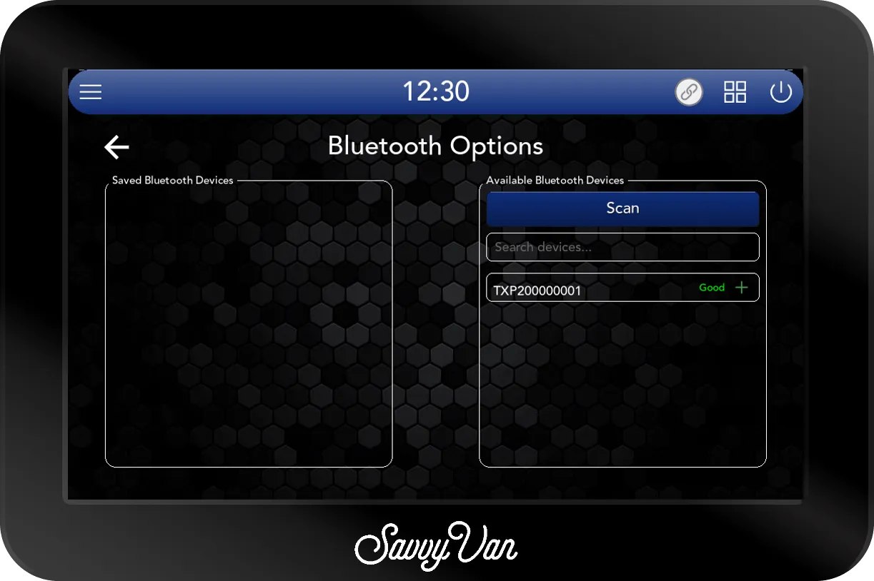 The SavvyVan3 device pairing screen with a battery named TXP200000001 listed under available devices on the right, marked Good, with a + beside it