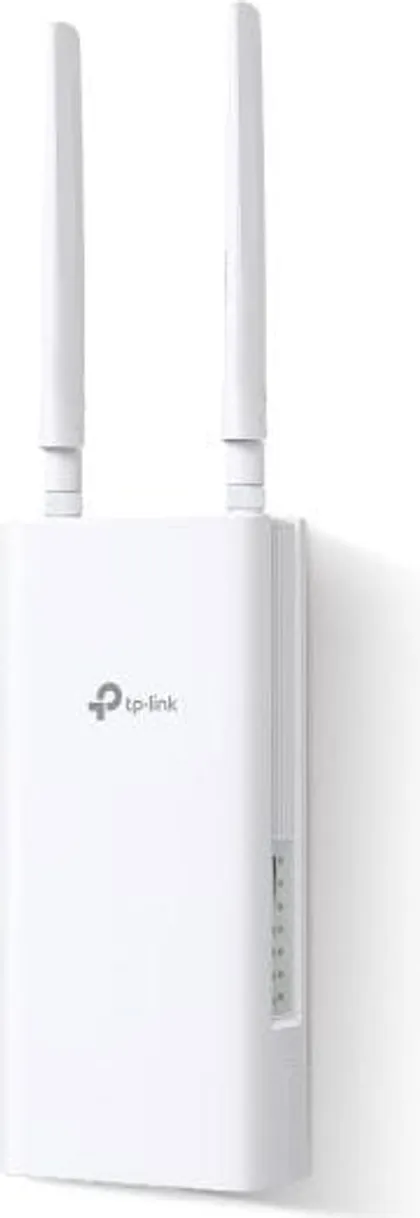 A white weather-resistant TP-Link router with two aerials, made to mount on the outside of a vehicle