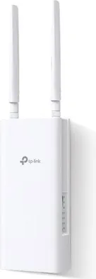 A white weather-resistant TP-Link router with two aerials, made to mount on the outside of a vehicle