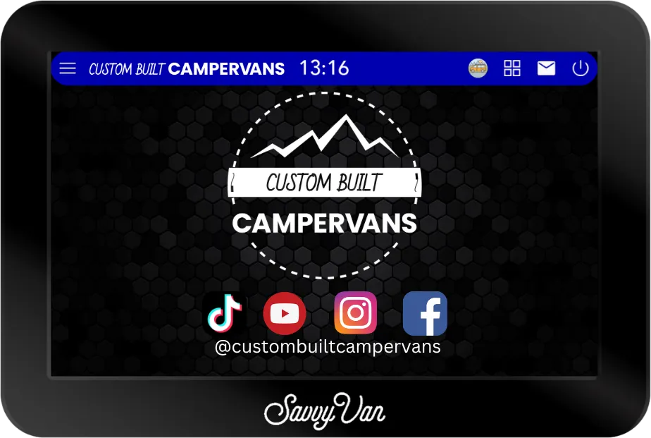 A SavvyVan3 screen carrying a converter’s own branding instead of the SavvyVan logo - Custom Built Campervans across the top bar, their logo in the middle and their social media handle underneath