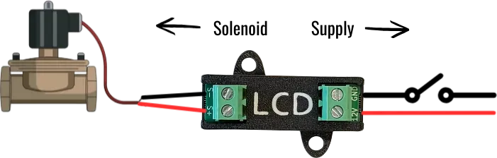 A wiring diagram showing a 12V solenoid connected to one side of the ULCD and the supply to the other