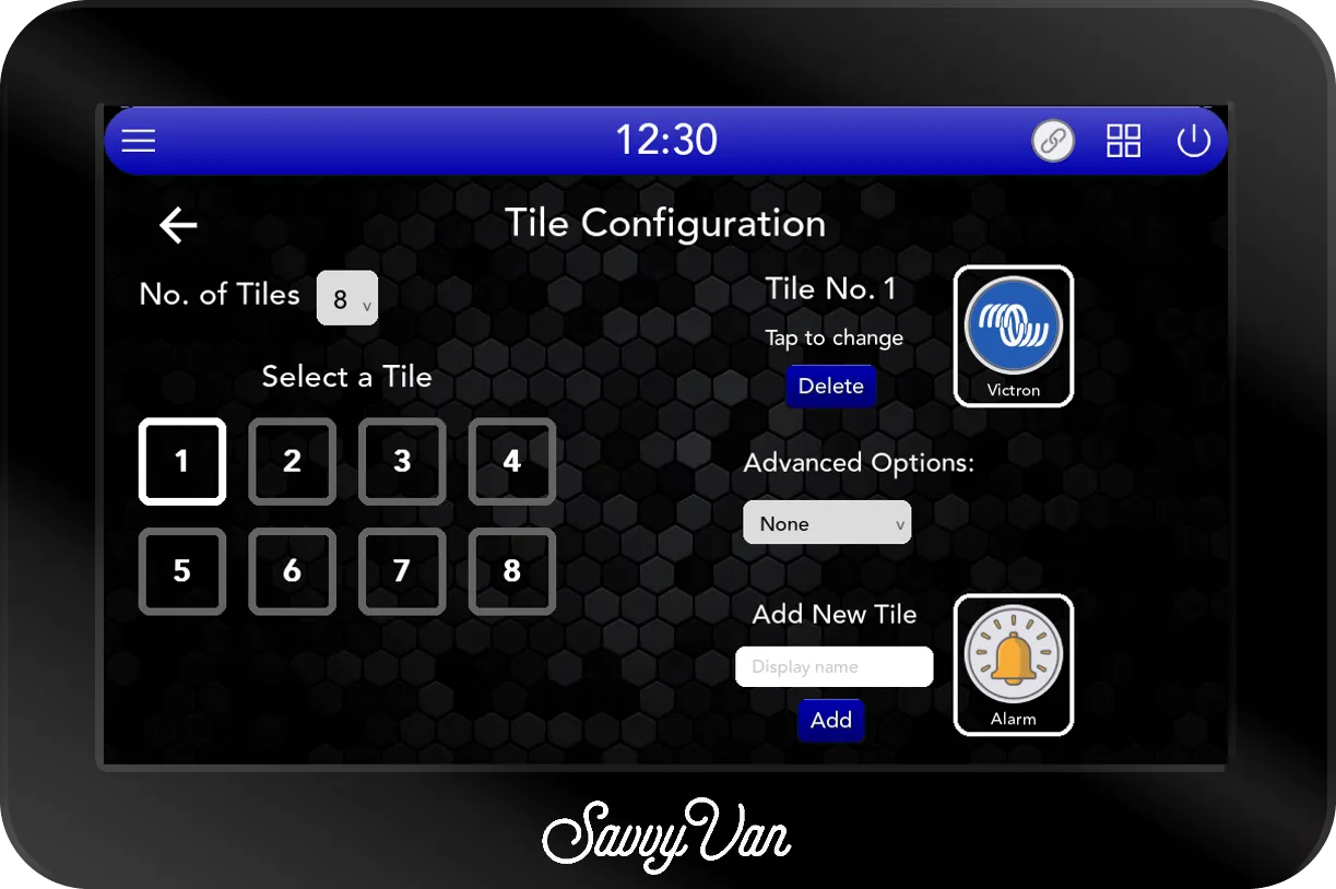 The SavvyVan3 Tile Configuration screen with tile 1 selected. The icon box on the right shows the blue Victron icon, named Victron, and Advanced Options reads None