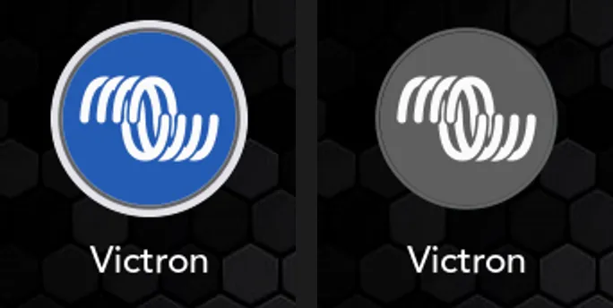 Two Victron tiles side by side: on the left a blue Victron icon with a white ring, switched on; on the right the same icon in grey, switched off