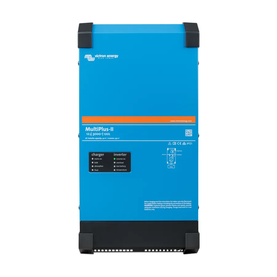 A Victron MultiPlus-II 12/3000/120-32 inverter/charger, seen from the front