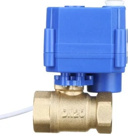 A 12V motorised water drain valve - a brass three-quarter-inch valve body with a black motor housing and a two-core cable