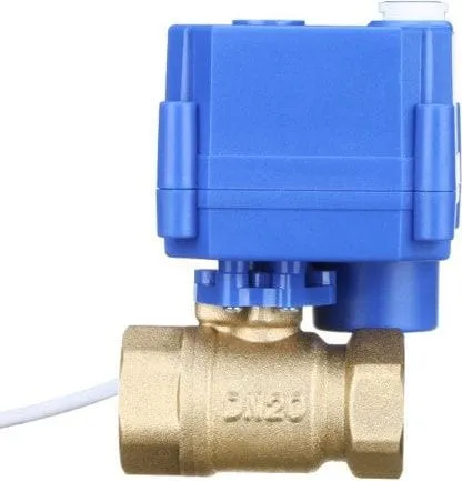 A 12V motorised water drain valve - a brass three-quarter-inch valve body with a black motor housing and a two-core cable